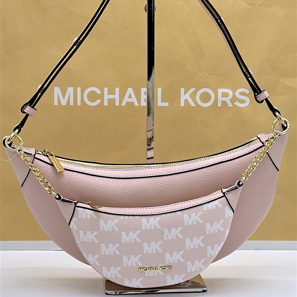 MICHAEL KORS Hollis Medium 2-in-1 Pebbled Leather and Logo Jacquard Shoulder Bag - Picture 6 of 16